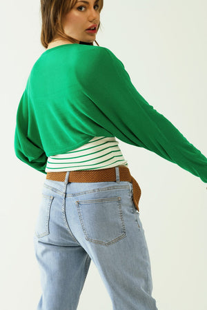 Q2 Women's Sweater Green Fine Knit Bolero Cardigan