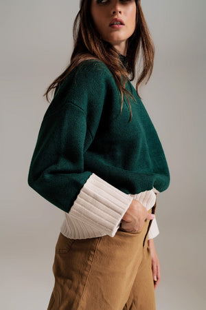 Q2 Women's Sweater Green Jumper With White Ribbed Cuffs And Hem