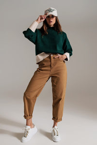 Q2 Women's Sweater Green Jumper With White Ribbed Cuffs And Hem
