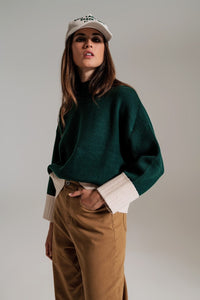 Q2 Women's Sweater Green Jumper With White Ribbed Cuffs And Hem