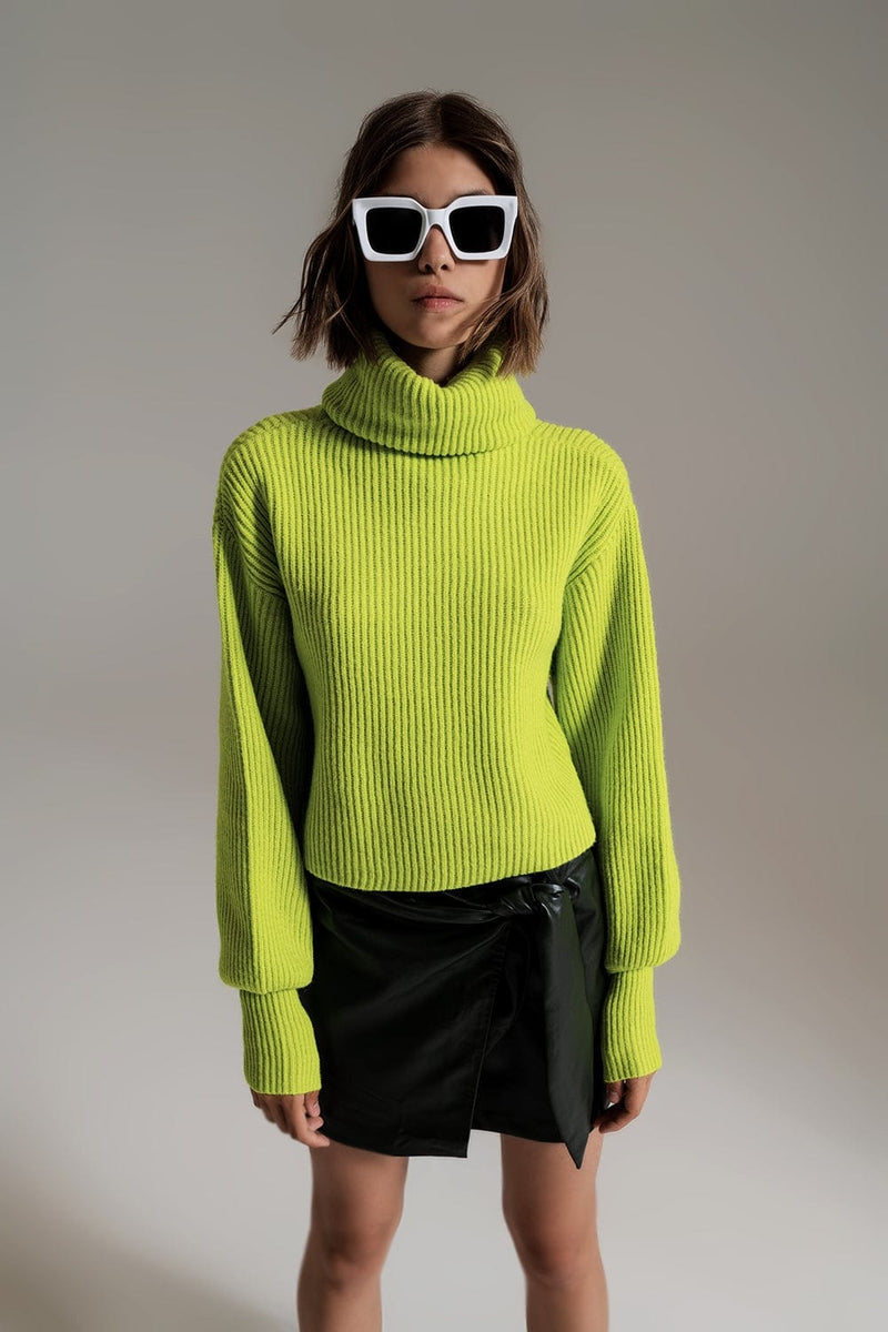 Q2 Women's Sweater Green Ribbed Knit Turtleneck Jumper With Balloon Sleeves