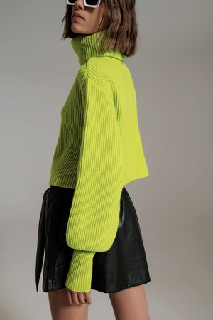 Q2 Women's Sweater Green Ribbed Knit Turtleneck Jumper With Balloon Sleeves