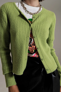 Q2 Women's Sweater Green Super Soft Fluffy Knit Cardigan