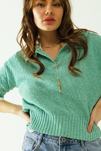 Q2 Women's Sweater Green Sweater With 3/4 Sleeves And Polo Collar