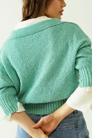 Q2 Women's Sweater Green Sweater With 3/4 Sleeves And Polo Collar