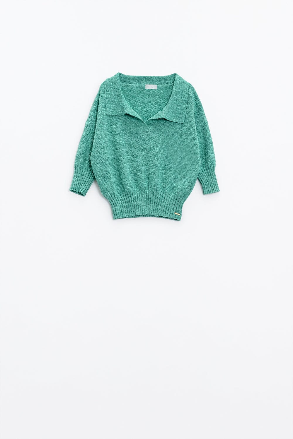 Q2 Women's Sweater Green Sweater With 3/4 Sleeves And Polo Collar