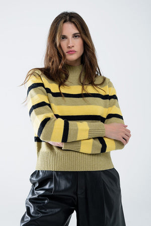 Q2 Women's Sweater Green Sweater With Black And Yellow Stripes