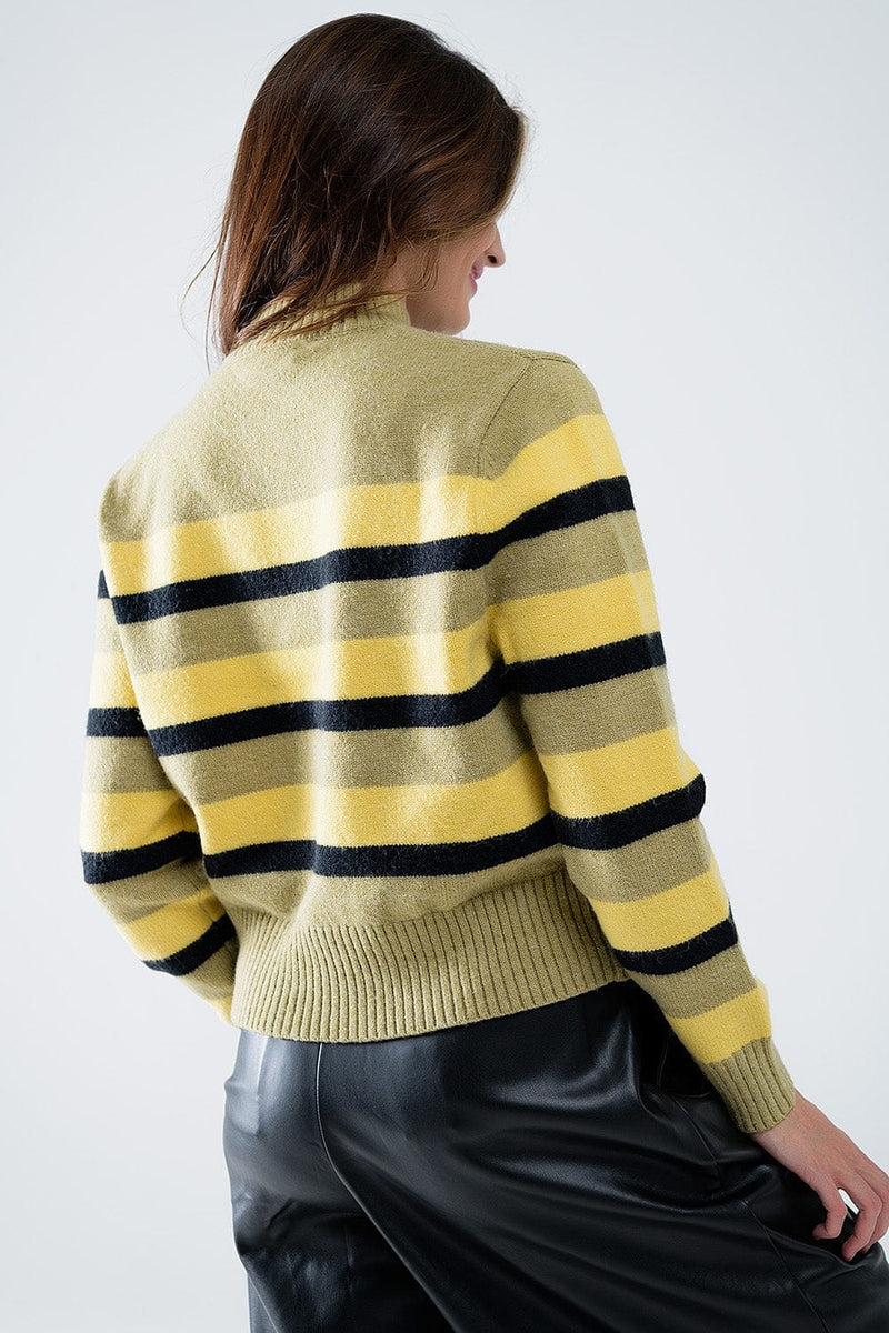 Q2 Women's Sweater Green Sweater With Black And Yellow Stripes