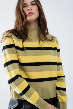 Q2 Women's Sweater Green Sweater With Black And Yellow Stripes