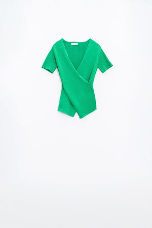Q2 Women's Sweater Green T-Shirt With Crossed Front And V-Neck