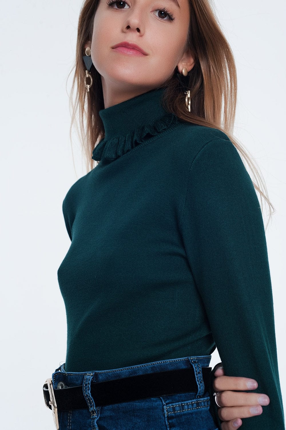 Q2 Women's Sweater Green Turtleneck Sweatshirt