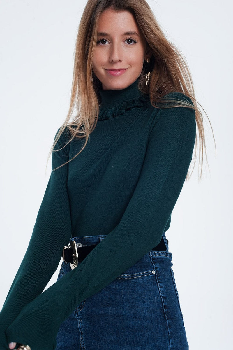 Q2 Women's Sweater Green Turtleneck Sweatshirt