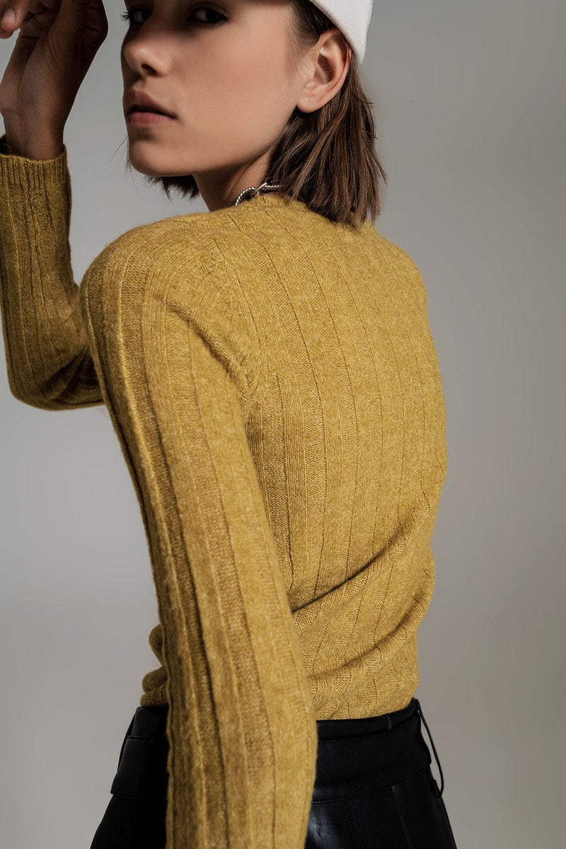 Q2 Women's Sweater Green Wide Neck Ribbed Knit Sweater