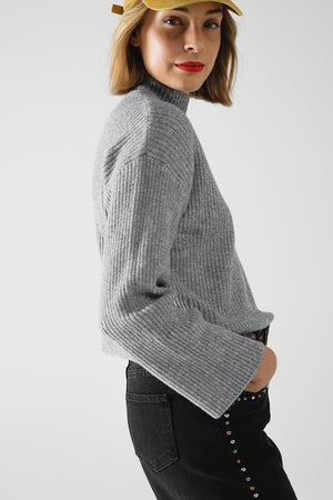 Q2 Women's Sweater Grey Ribbed Turtleneck Sweater