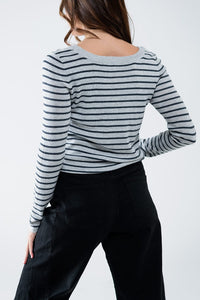 Q2 Women's Sweater Grey Striped Fine Knit Sweater With Boat Neck