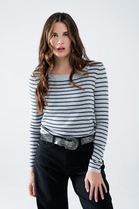 Q2 Women's Sweater Grey Striped Fine Knit Sweater With Boat Neck