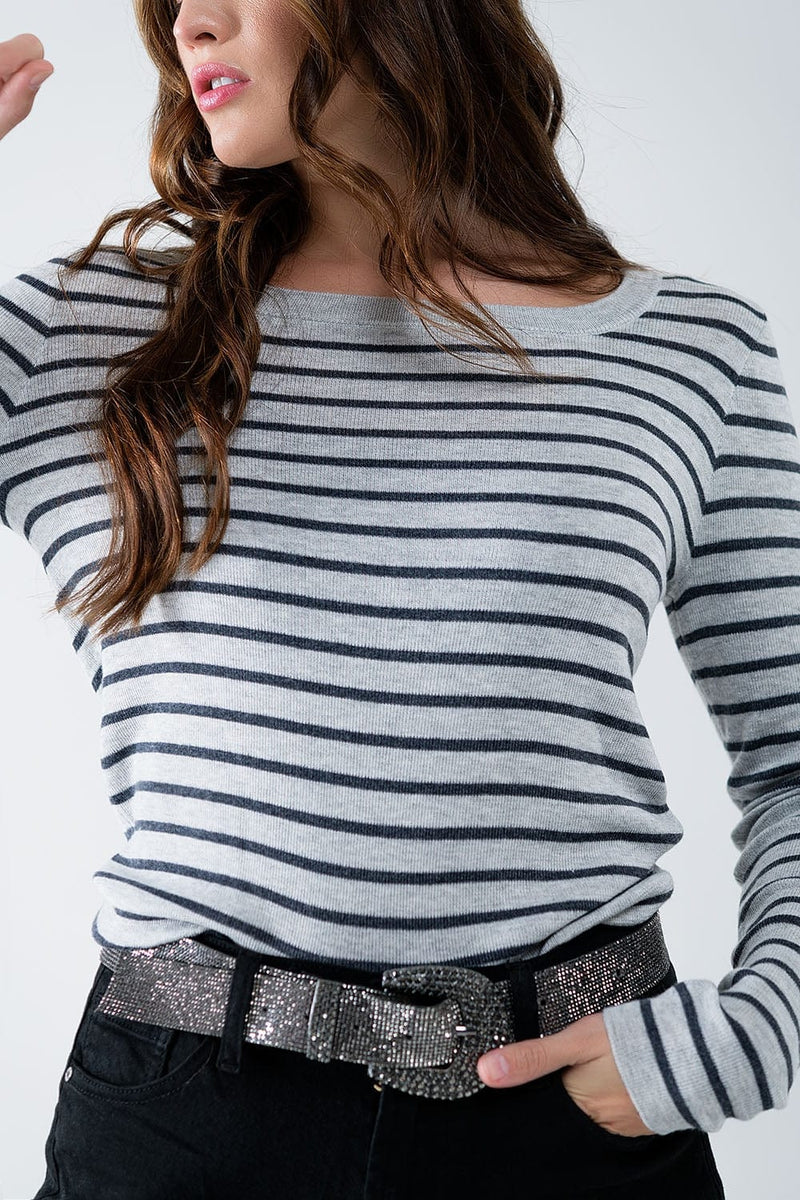 Q2 Women's Sweater Grey Striped Fine Knit Sweater With Boat Neck