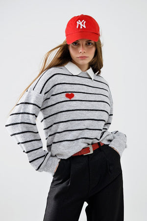 Q2 Women's Sweater Grey Striped Sweater With Red Heart Detail