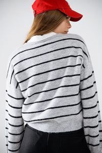 Q2 Women's Sweater Grey Striped Sweater With Red Heart Detail