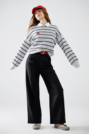 Q2 Women's Sweater Grey Striped Sweater With Red Heart Detail