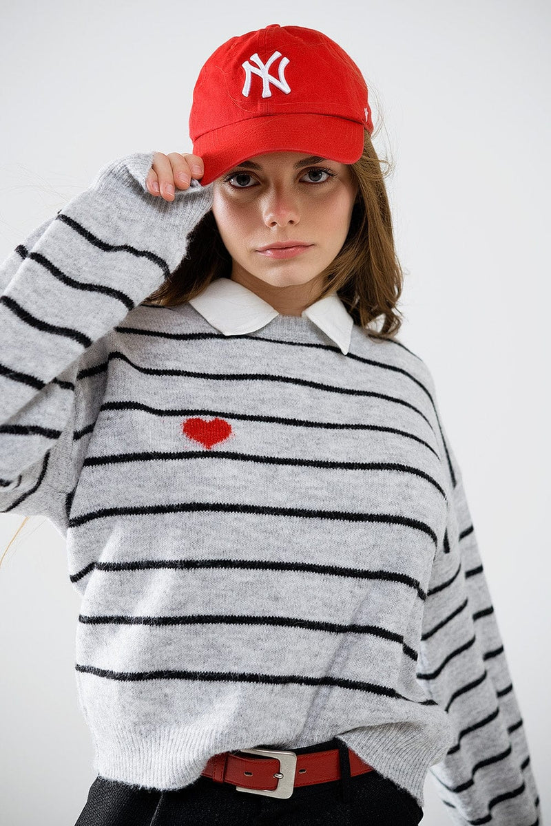 Q2 Women's Sweater Grey Striped Sweater With Red Heart Detail