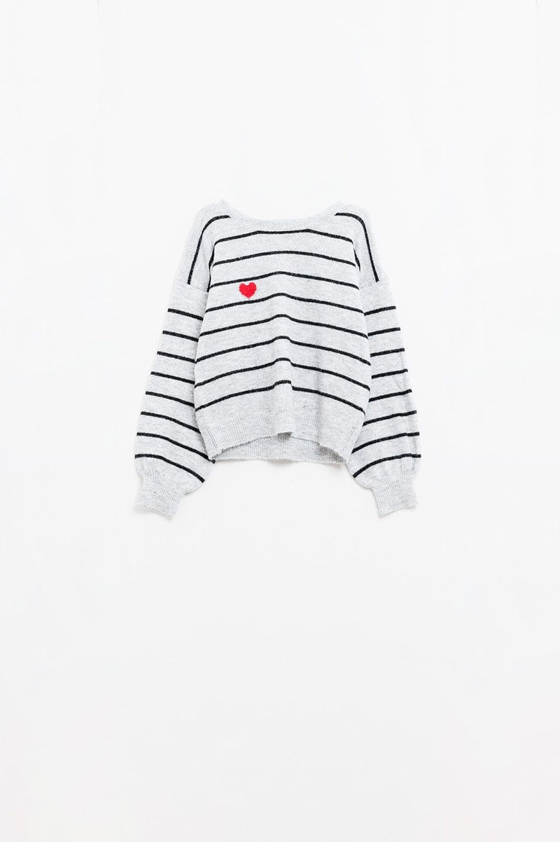 Q2 Women's Sweater Grey Striped Sweater With Red Heart Detail