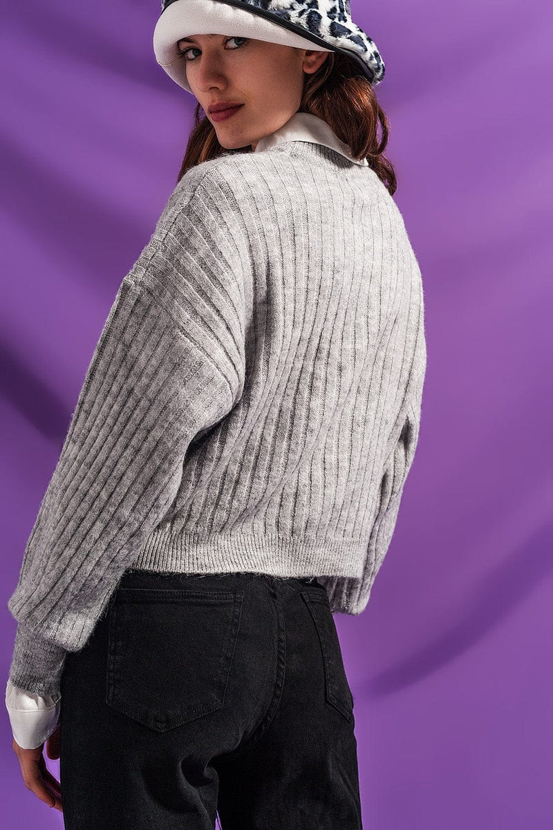 Q2 Women's Sweater Grey Sweater in Stripe