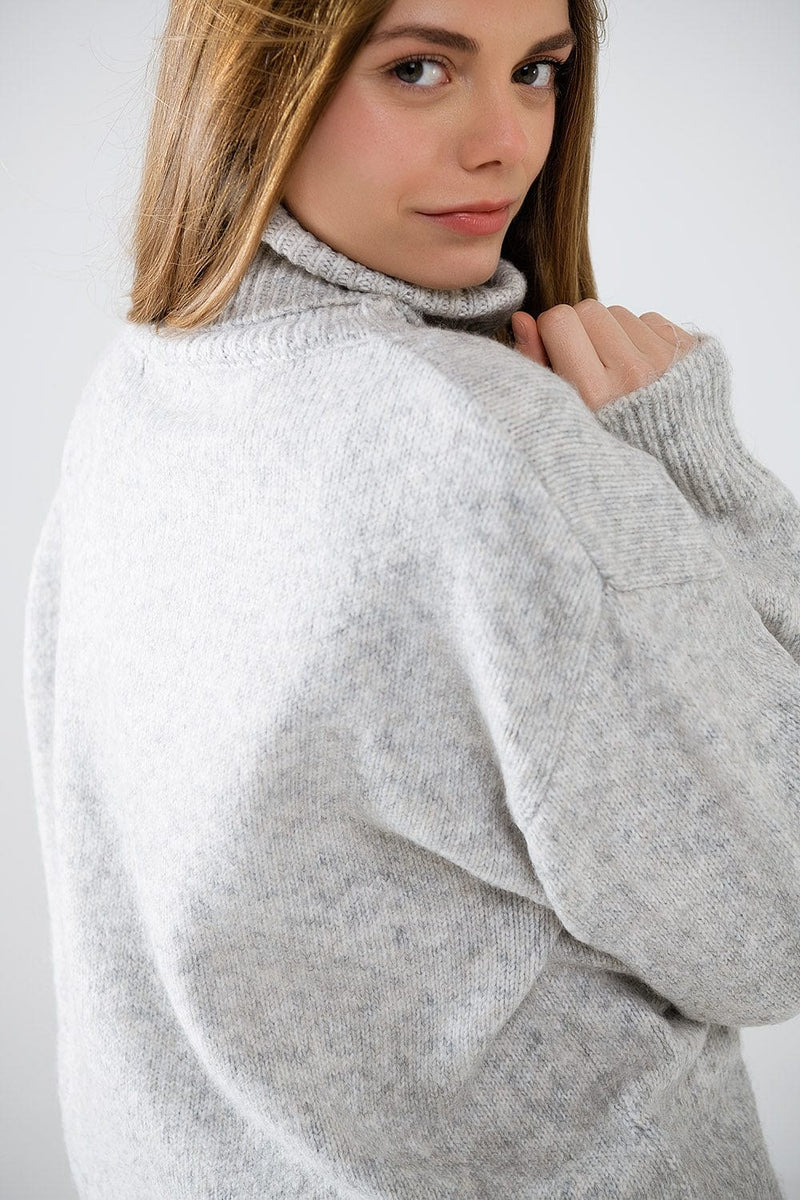 Q2 Women's Sweater Grey Turtleneck Jumper With Dropped Sleeves