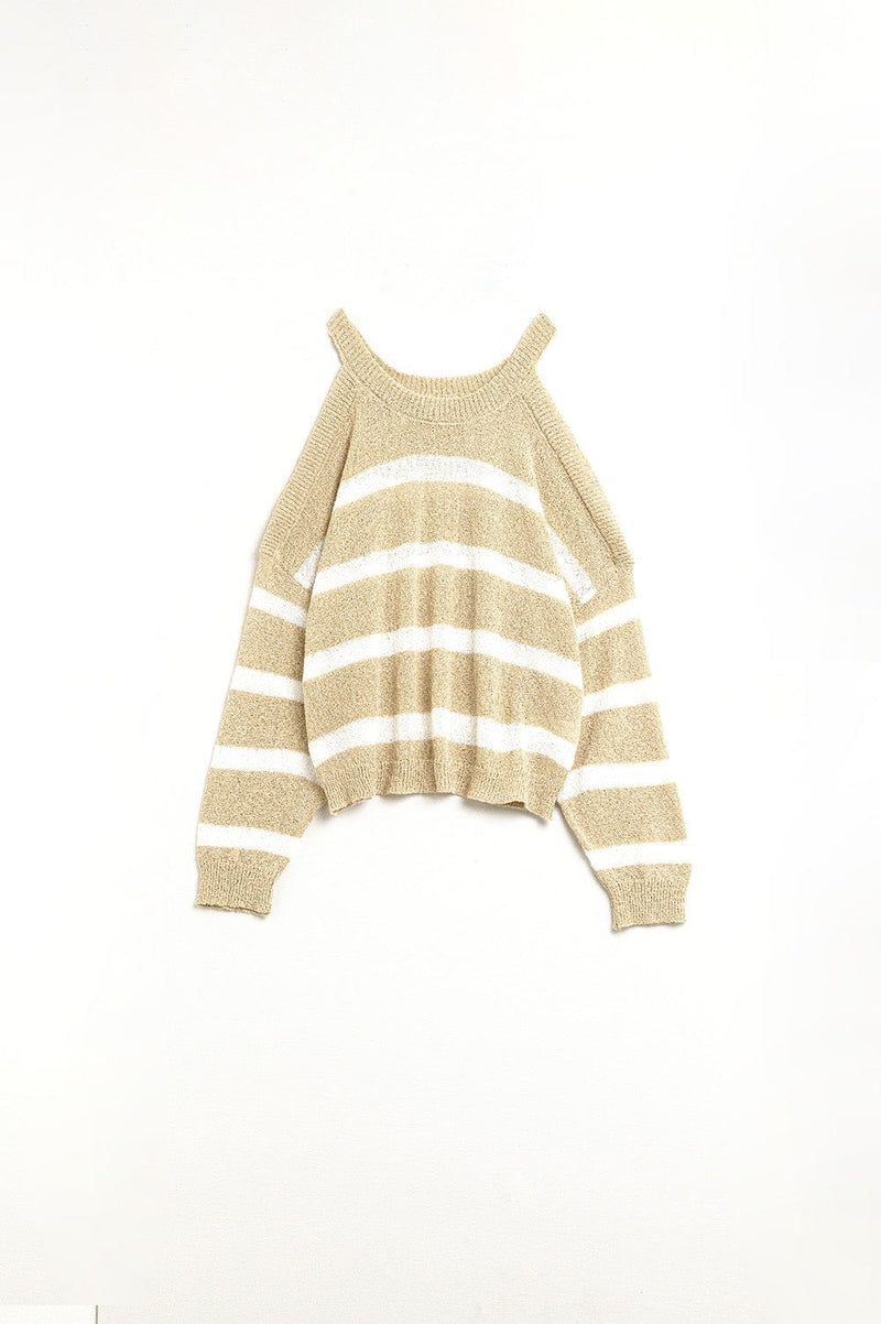 Q2 Women's Sweater Heather Sweater With Open Shoulders And Horizontal Stripes In Beige