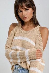 Q2 Women's Sweater Heather Sweater With Open Shoulders And Horizontal Stripes In Beige