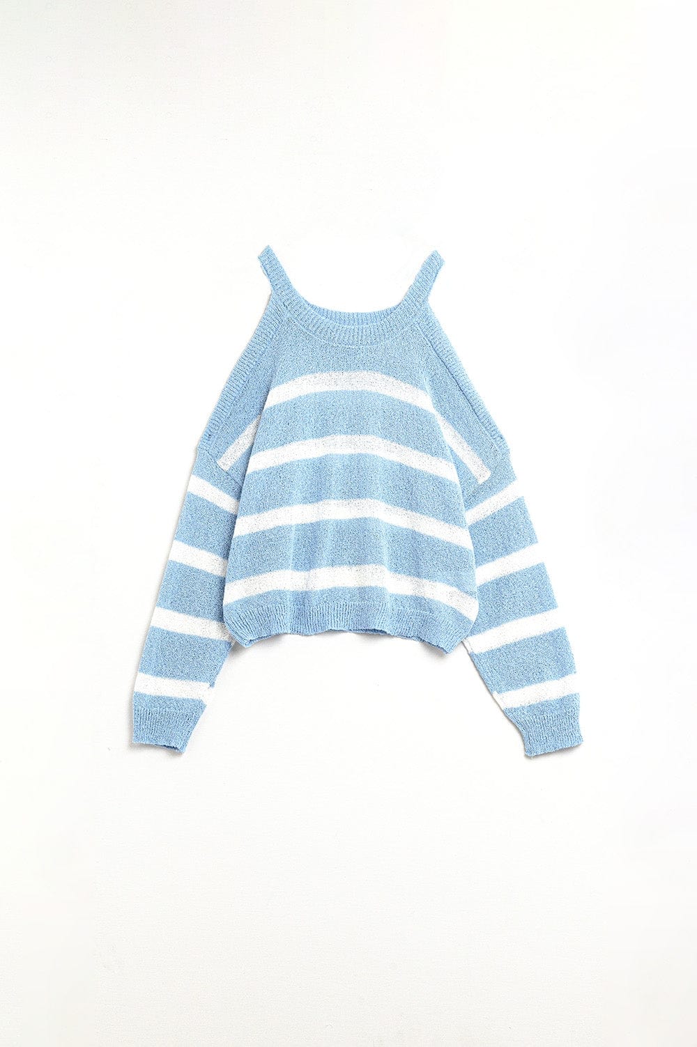 Q2 Women's Sweater Heather Sweater With Open Shoulders And Horizontal Stripes In Blue