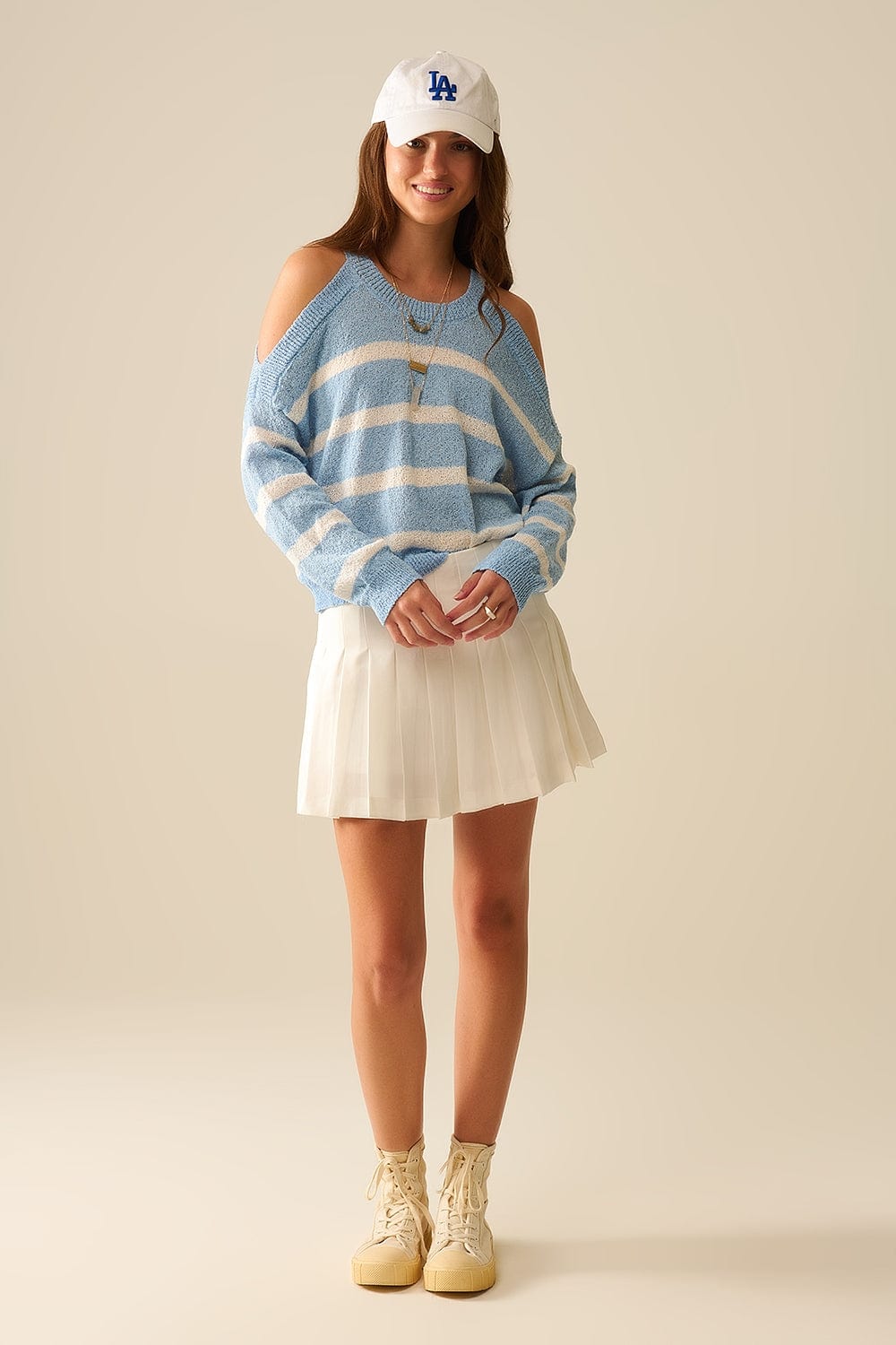 Q2 Women's Sweater Heather Sweater With Open Shoulders And Horizontal Stripes In Blue