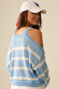 Q2 Women's Sweater Heather Sweater With Open Shoulders And Horizontal Stripes In Blue