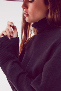 Q2 Women's Sweater High Neck Cropped Jumper in Black