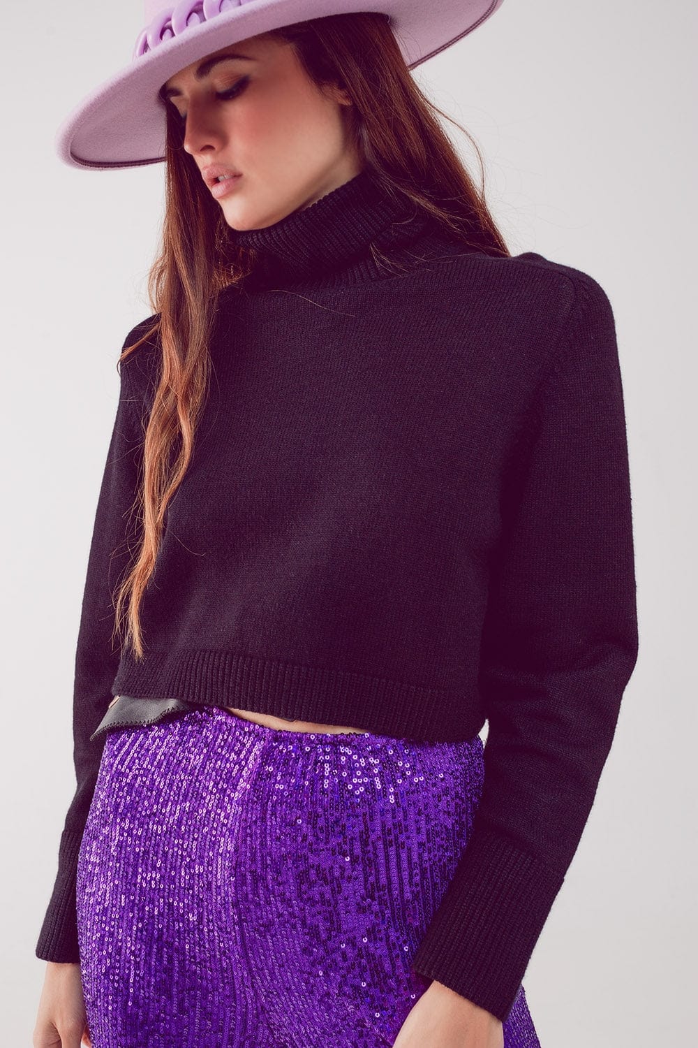 Q2 Women's Sweater High Neck Cropped Jumper in Black