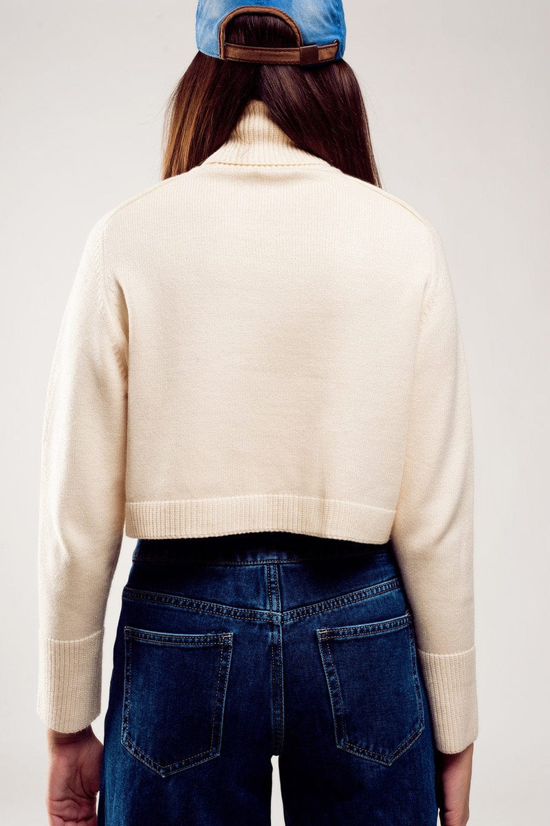 Q2 Women's Sweater High Neck Cropped Jumper in Cream