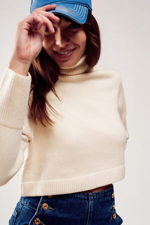 Q2 Women's Sweater High Neck Cropped Jumper in Cream