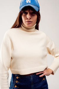 Q2 Women's Sweater High Neck Cropped Jumper in Cream