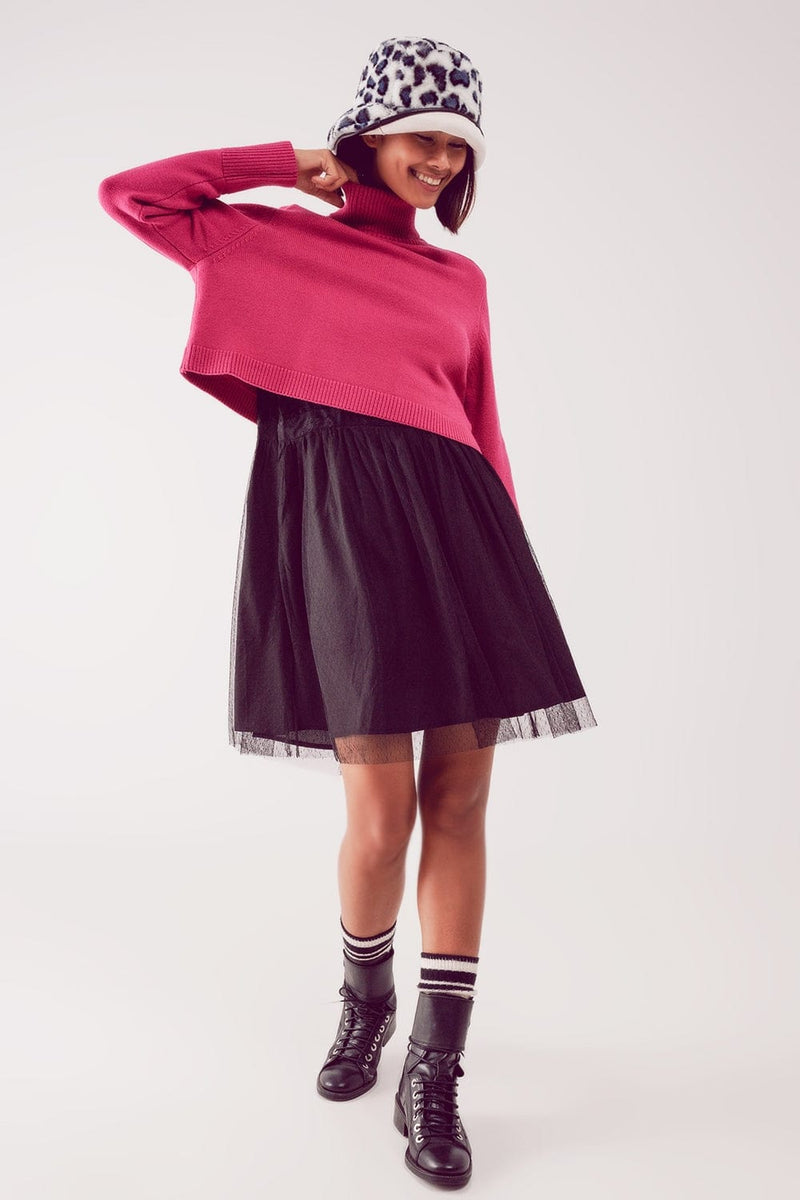 Q2 Women's Sweater High Neck Cropped Jumper in Fuchsia