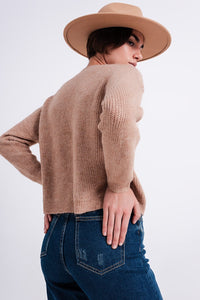 Q2 Women's Sweater High Neck Jumper in Beige