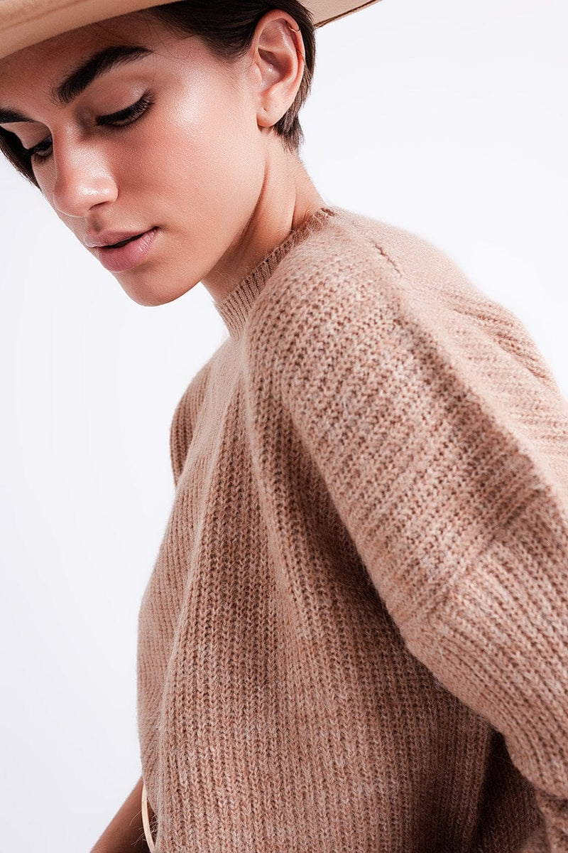 Q2 Women's Sweater High Neck Jumper in Beige