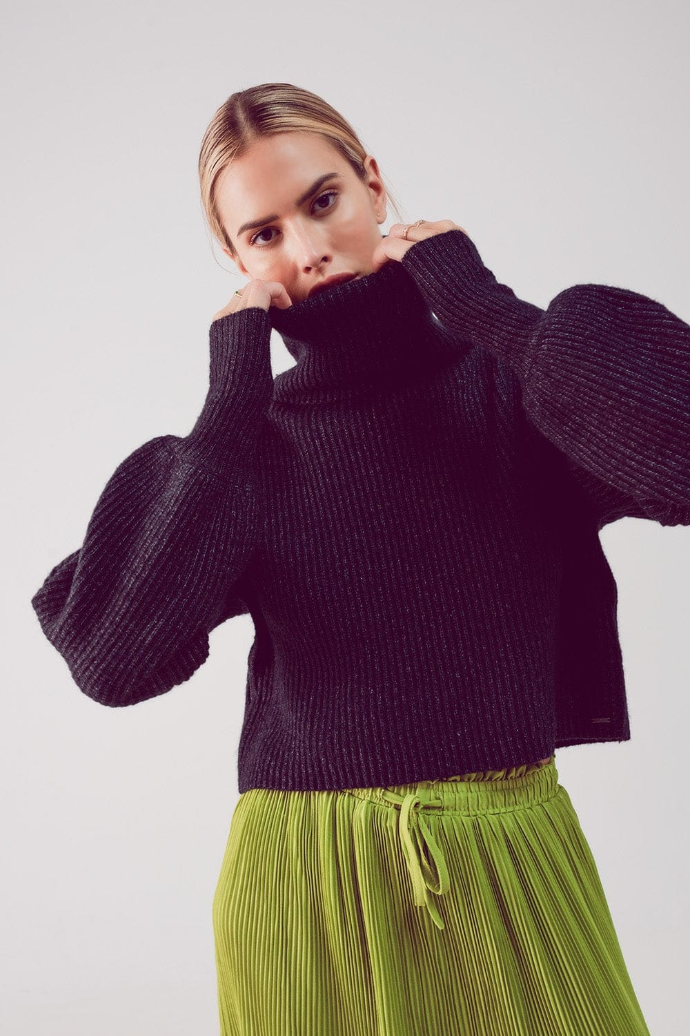 Q2 Women's Sweater High Neck Jumper with Balloon Sleeve in Black