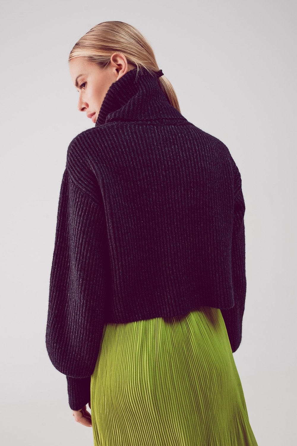 Q2 Women's Sweater High Neck Jumper with Balloon Sleeve in Black