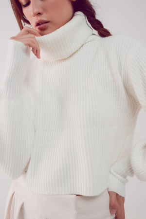 Q2 Women's Sweater High Neck Jumper with Balloon Sleeve in Cream