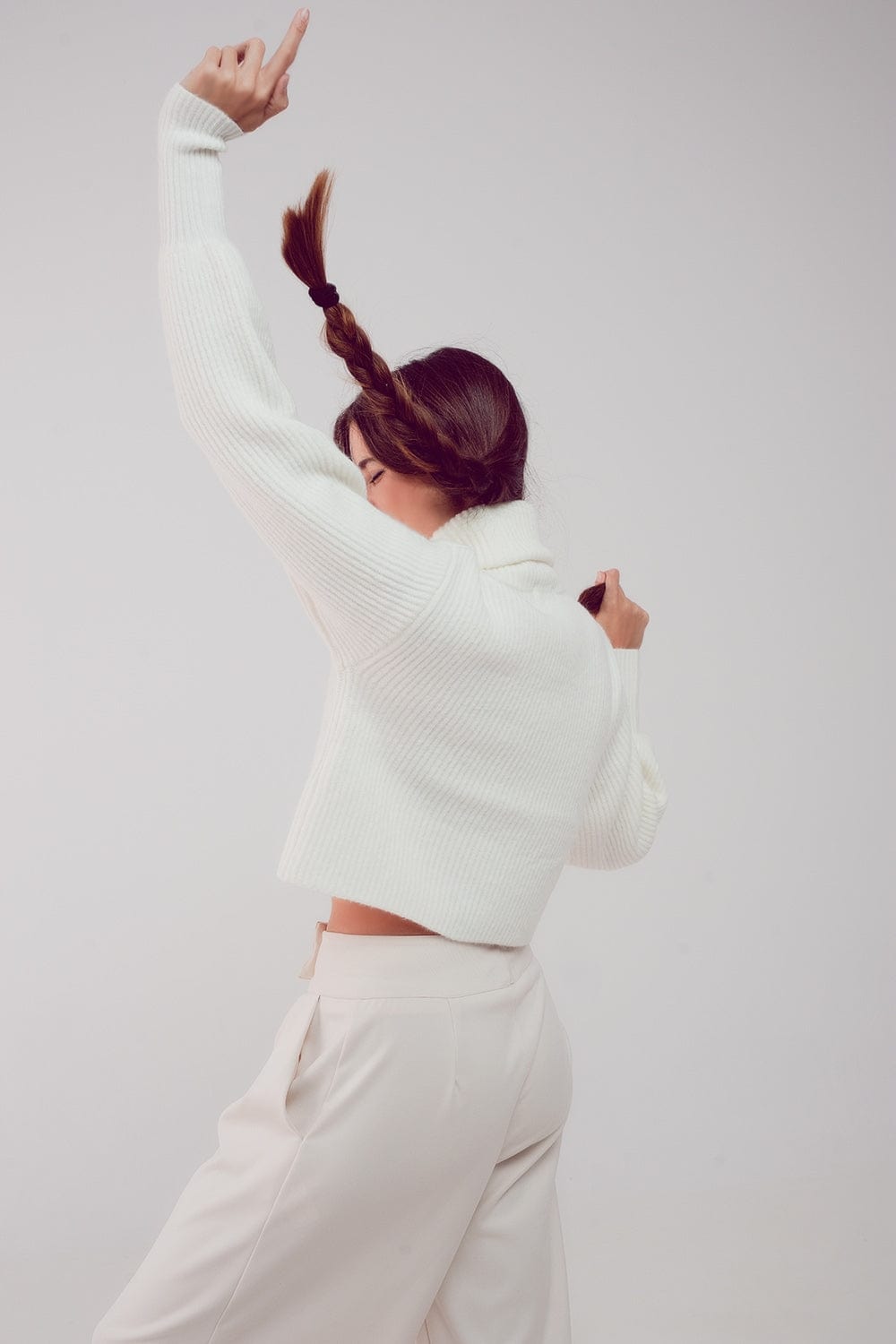 Q2 Women's Sweater High Neck Jumper with Balloon Sleeve in Cream