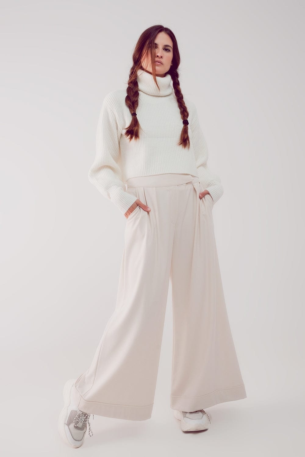 Q2 Women's Sweater High Neck Jumper with Balloon Sleeve in Cream