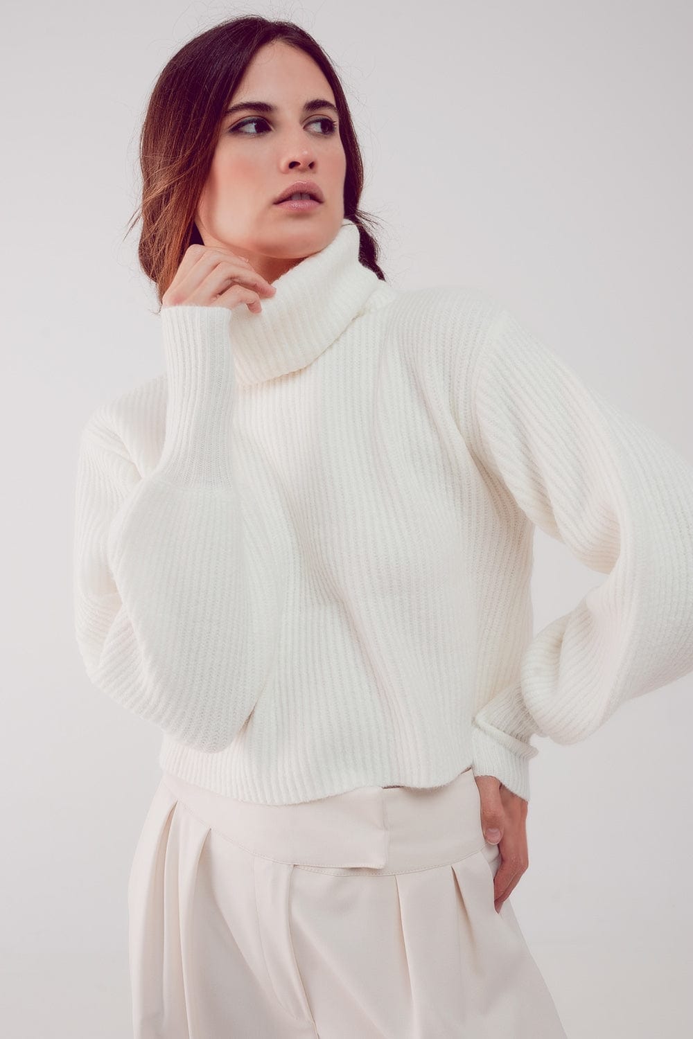 Q2 Women's Sweater High Neck Jumper with Balloon Sleeve in Cream