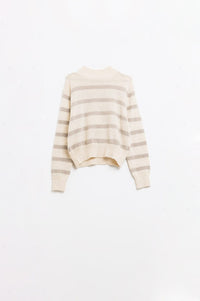 Q2 Women's Sweater High Neck Striped Sweater In Beige And Cream