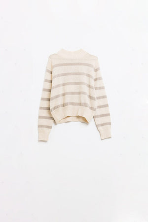 Q2 Women's Sweater High Neck Striped Sweater In Beige And Cream