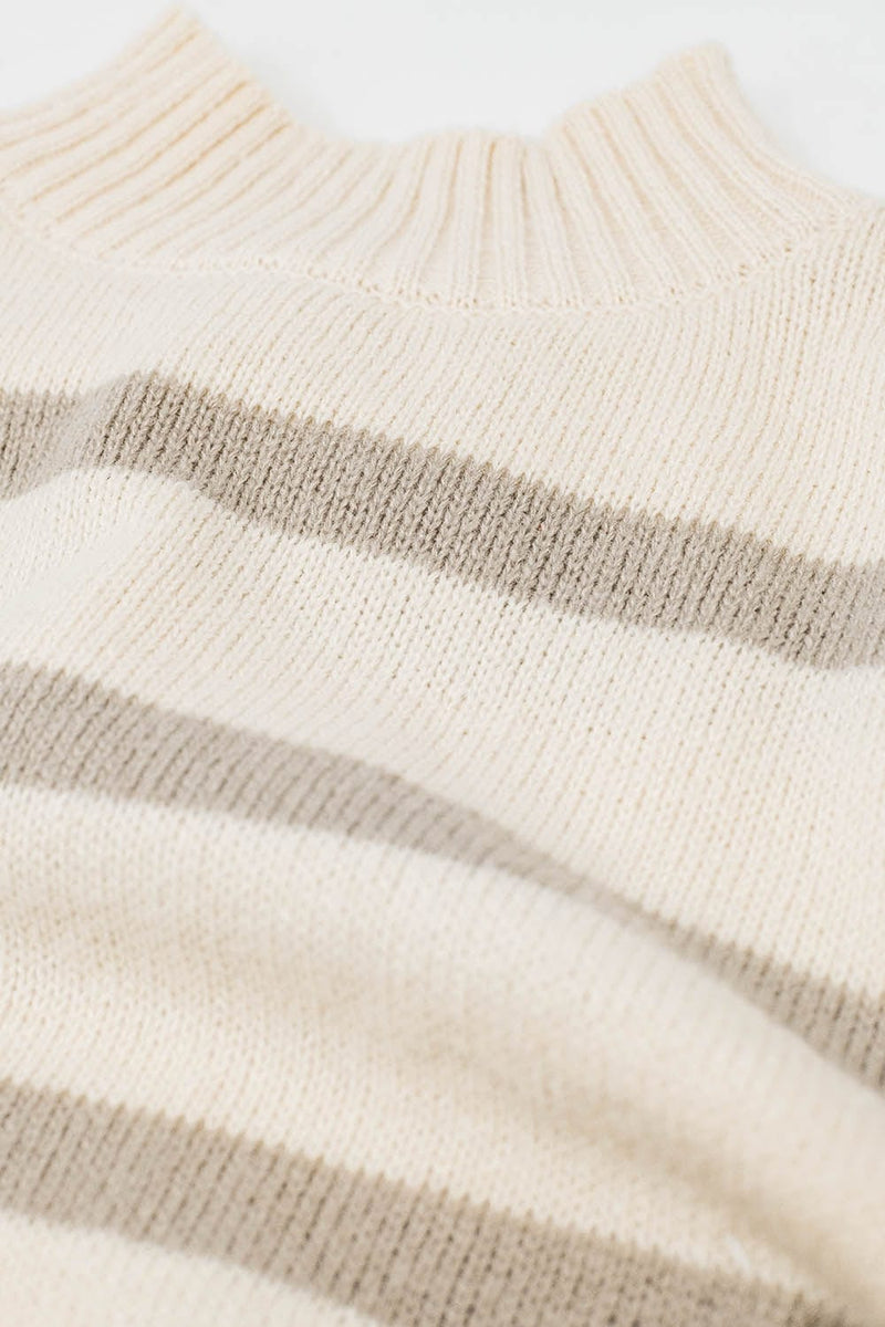 Q2 Women's Sweater High Neck Striped Sweater In Beige And Cream